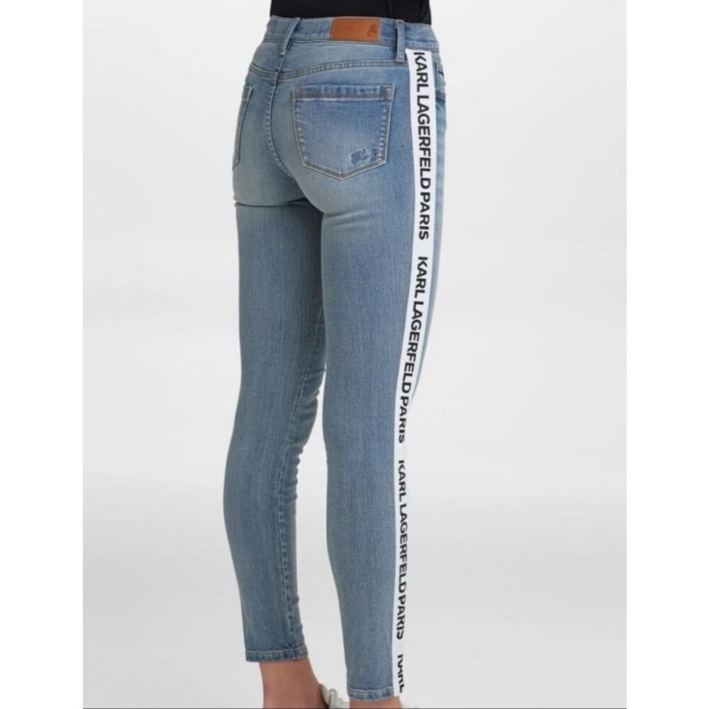 KARL LAGERFELD PARIS Contrast Logo Taping Denim Jeans Blue 4 - Picture 3 of 5